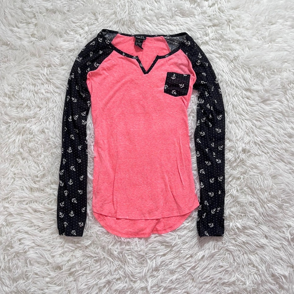 🍟y2k coral & gray anchor print long sleeve top medium